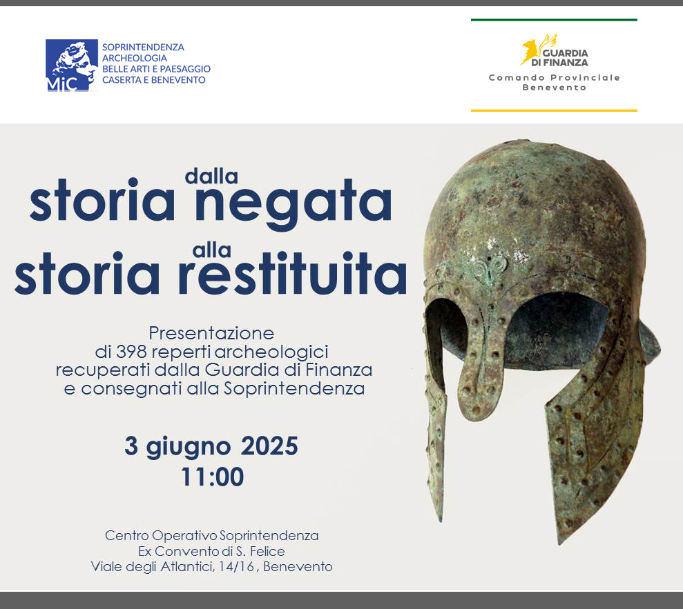 Benevento, 3 giugno 2025: la Soprintendenza presenta 398 reperti archeologici recuperati grazie alla Guardia di Finanza